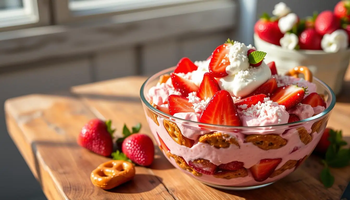 A vibrant and colorful strawberry pretzel salad with layers of creamy filling, fresh strawberries, and a crunchy pretzel crust, served on a rustic wooden table.