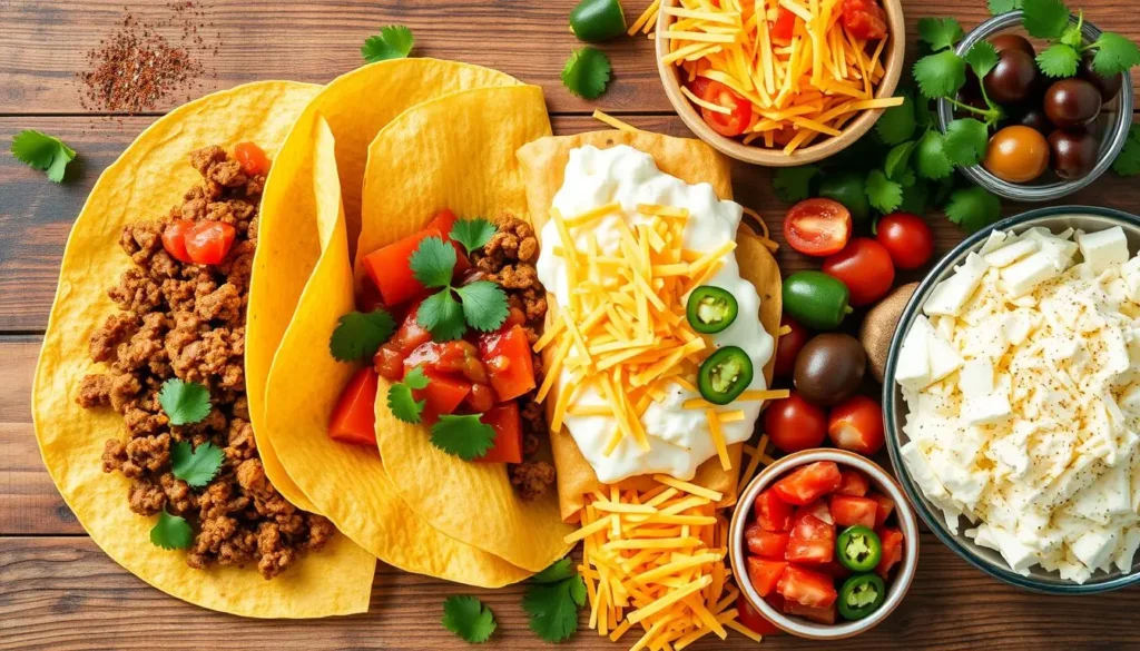 An action shot of layering taco lasagna in a baking dish, showing tortillas, seasoned beef, refried beans, and shredded cheese being added step by step.