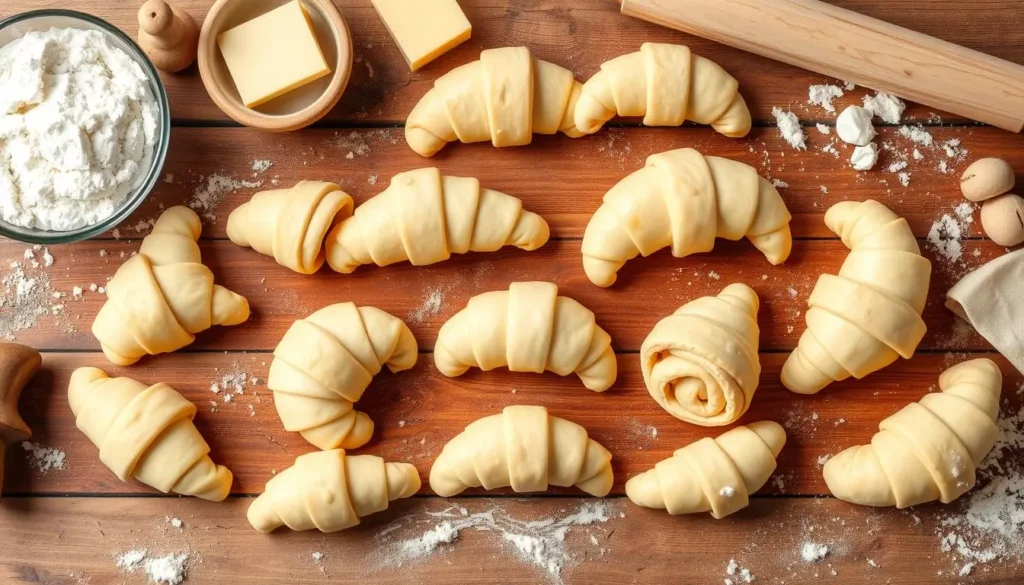 A variety of crescent roll dough types, including classic, whole wheat, and gluten-free, displayed on a wooden surface.