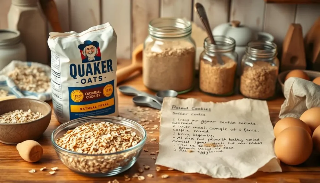 Ingredients for oatmeal cookies, including rolled oats, butter, brown sugar, eggs, and a measuring cup, neatly arranged on a wooden counter.