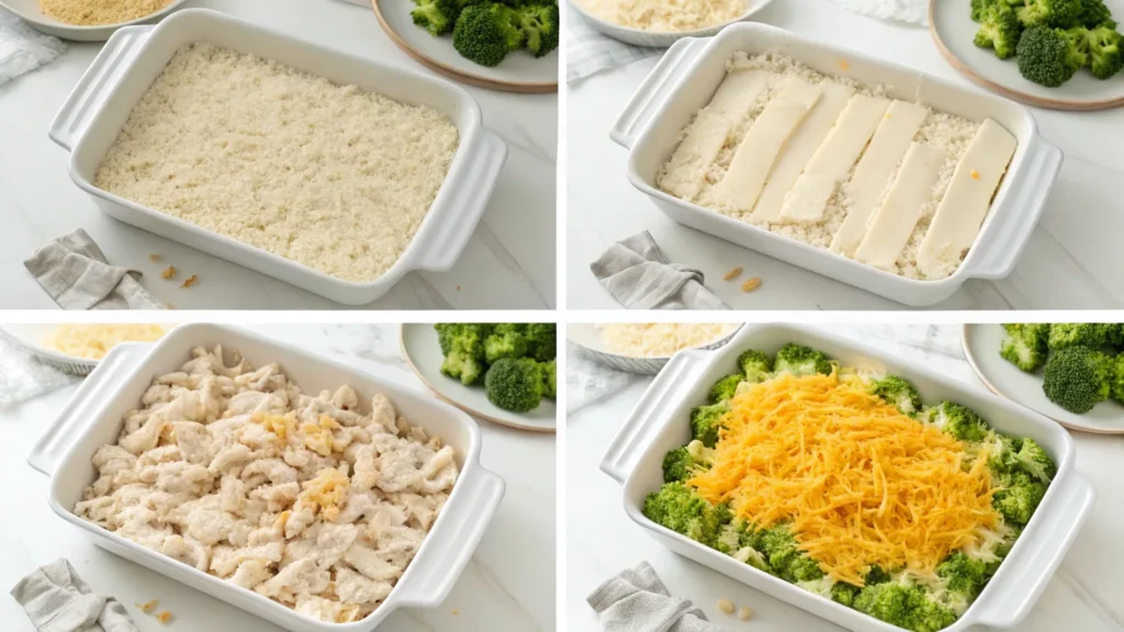 Step-by-step layering of Chicken Broccoli Rice Casserole