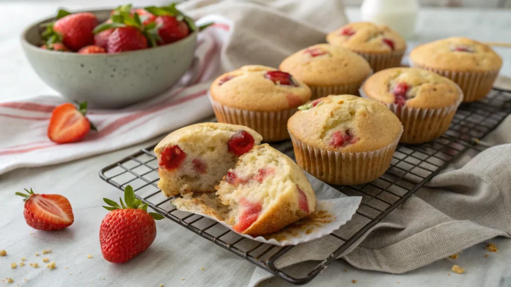 Freshly baked strawberry muffins with chunks of fresh strawberries.