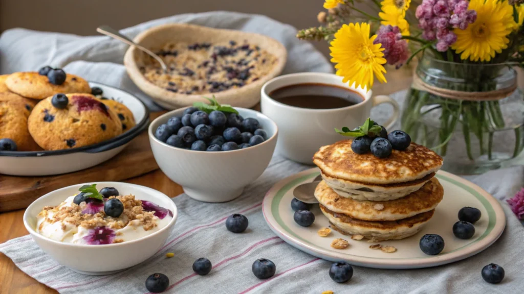 Blueberry breakfast recipes including pancakes, muffins, oatmeal, and parfaits.