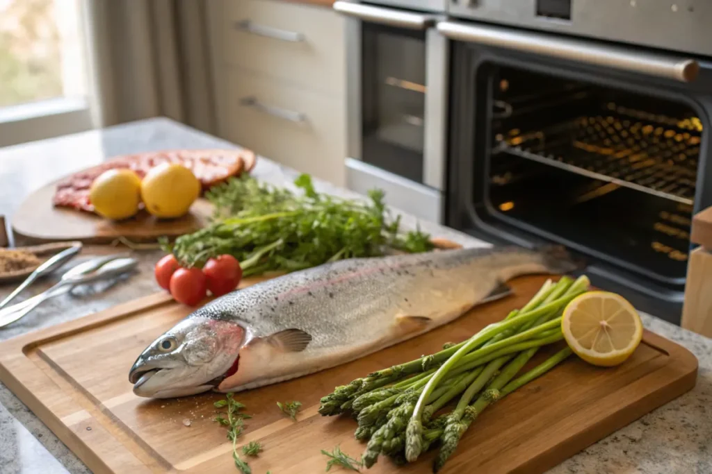Steelhead Trout Ingredients Fresh ingredients for steelhead trout including olive oil, garlic, herbs, and lemon