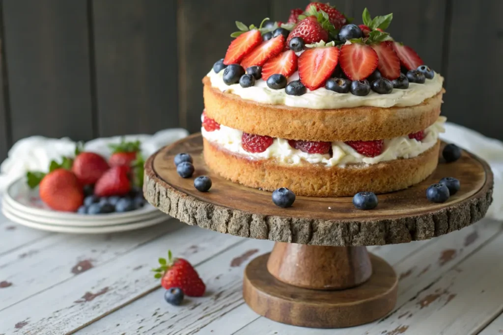 Gluten-free vanilla cake with strawberries and cream frosting