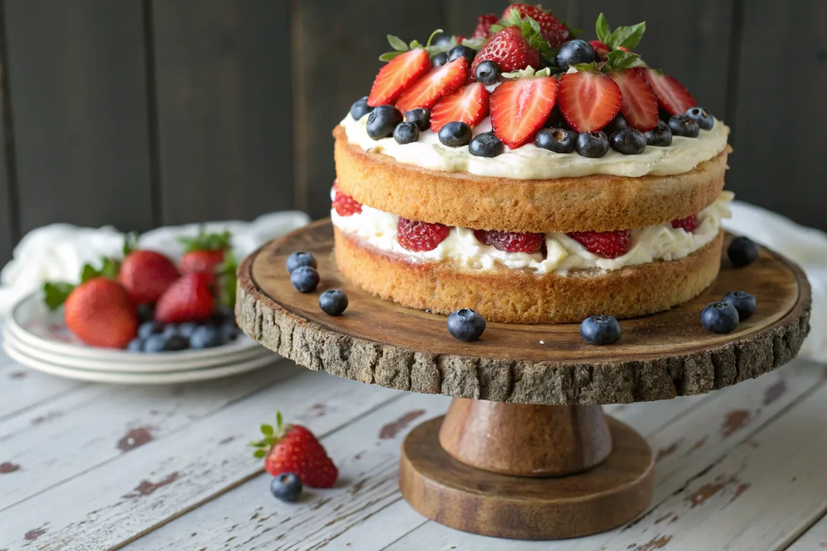 Gluten-free vanilla cake with strawberries and cream frosting
