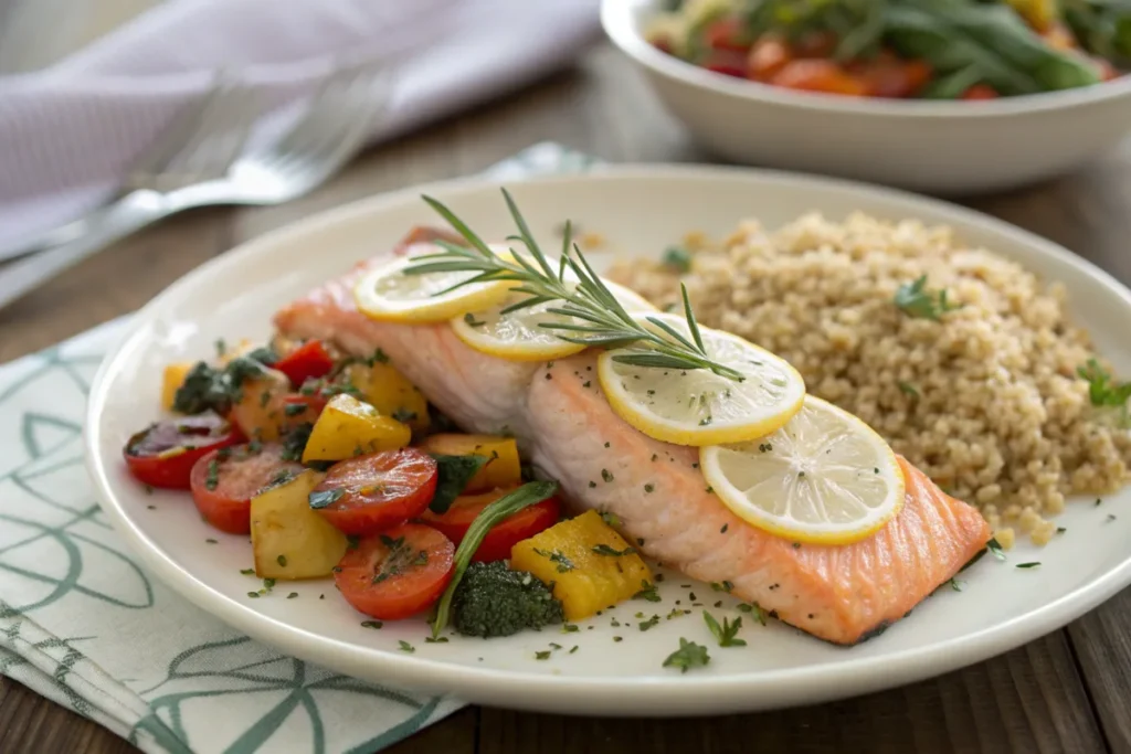 Steelhead Trout Nutrition and Benefits Baked steelhead trout fillet garnished with lemon and rosemary, served with roasted vegetables and quinoa