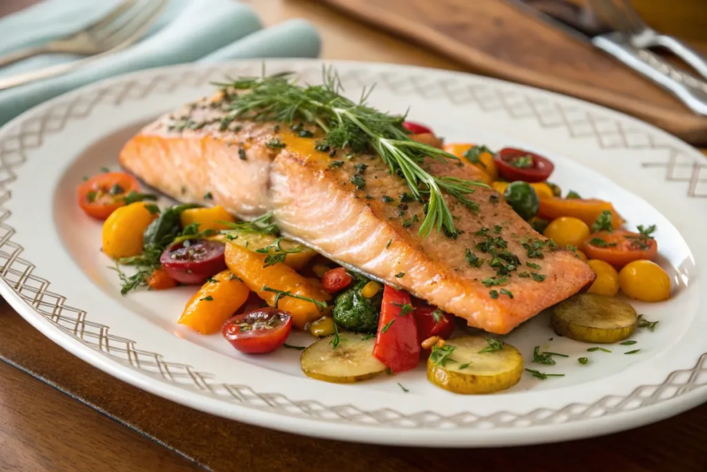 Baked steelhead trout served with lemon and fresh herbs on a white plate