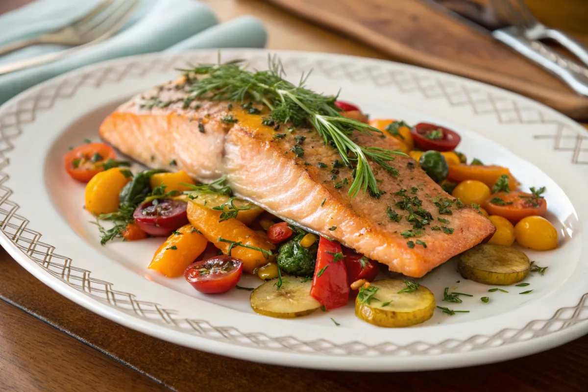Baked steelhead trout served with lemon and fresh herbs on a white plate