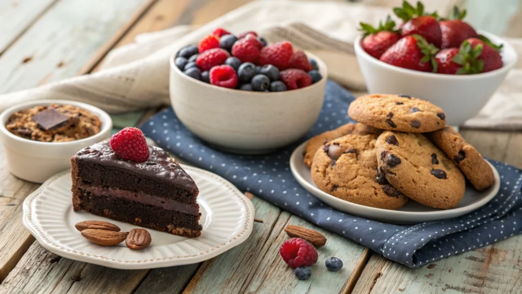 Gluten-free desserts including chocolate cake, almond flour cookies, and fresh berries.