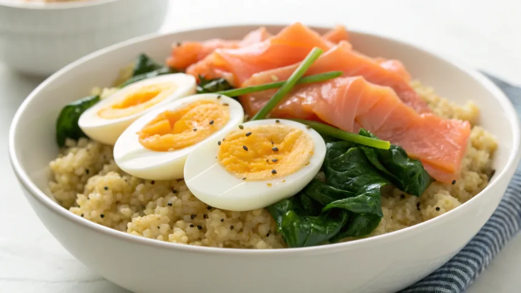 40g protein breakfast bowl with quinoa, eggs, and salmon