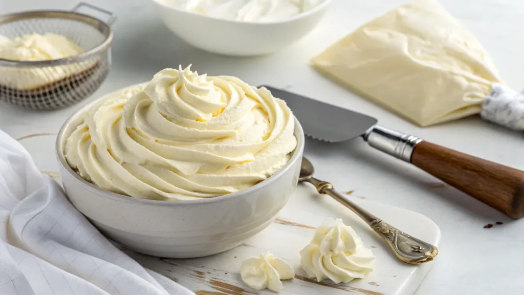 Homemade gluten-free vanilla buttercream frosting in a mixing bowl