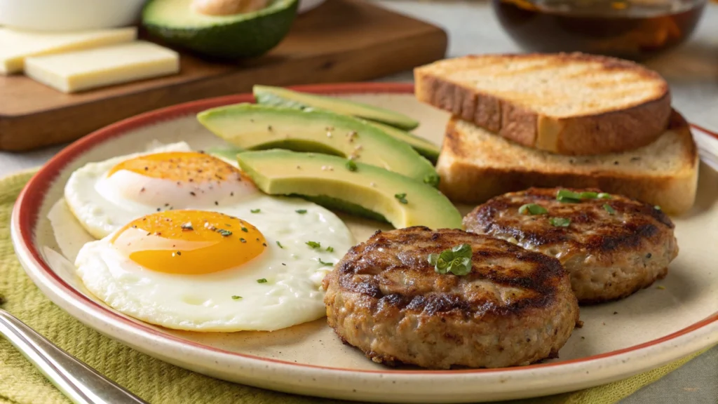 Breakfast plate with turkey sausage, eggs, and avocado example for Turkey Breakfast Sausage Recipe
