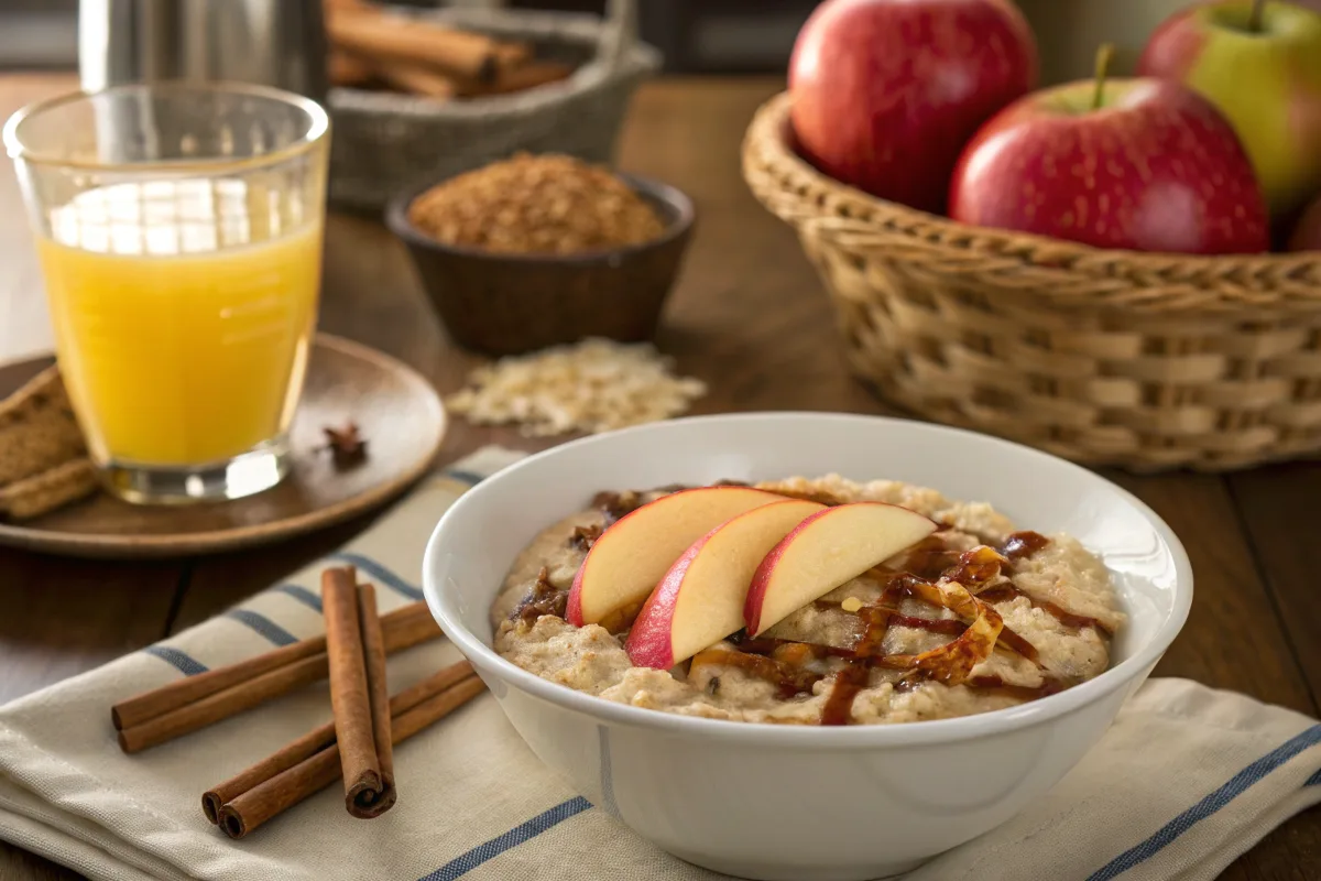Apple cinnamon oatmeal with fresh apple slices, cinnamon, and maple syrup.