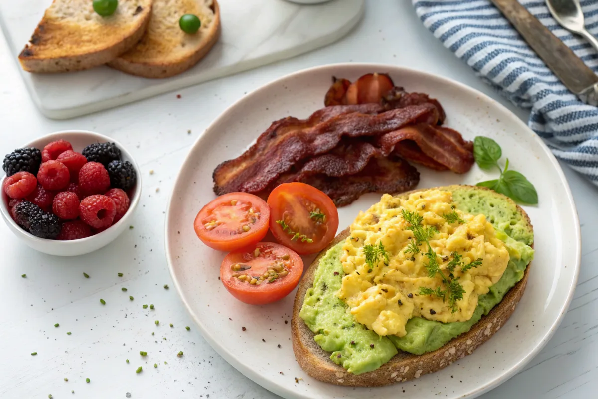 Low-carb breakfast spread with eggs, avocado, and berries
