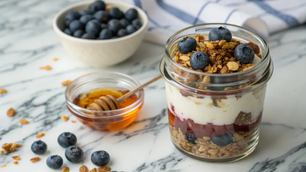 Greek yogurt parfait with blueberries, granola, and honey.
