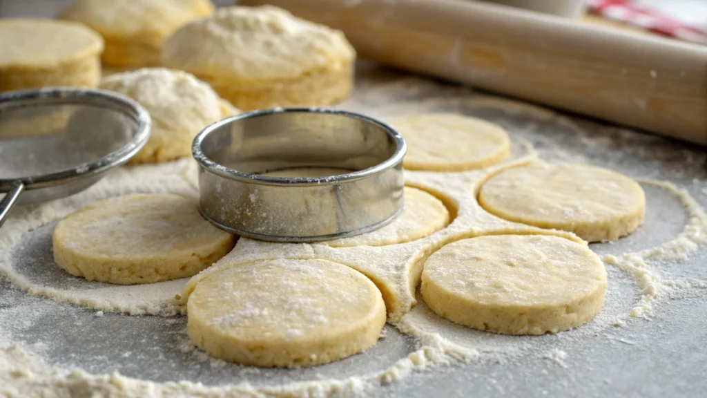 Homemade biscuit dough being prepared for topping Chicken Pot Pie with Biscuits.