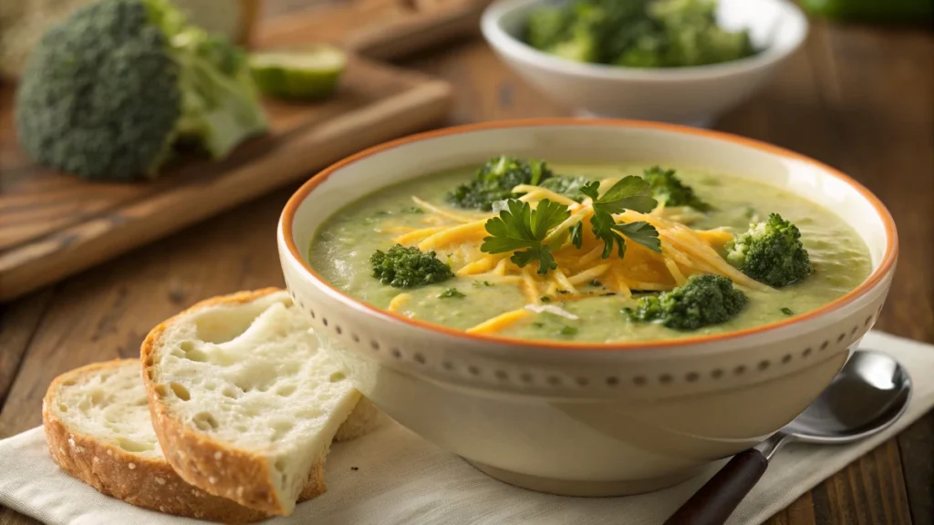 Close-up of creamy broccoli cheddar soup in a white bowl, garnished with shredded cheddar cheese and fresh parsley, served with a slice of crusty bread.