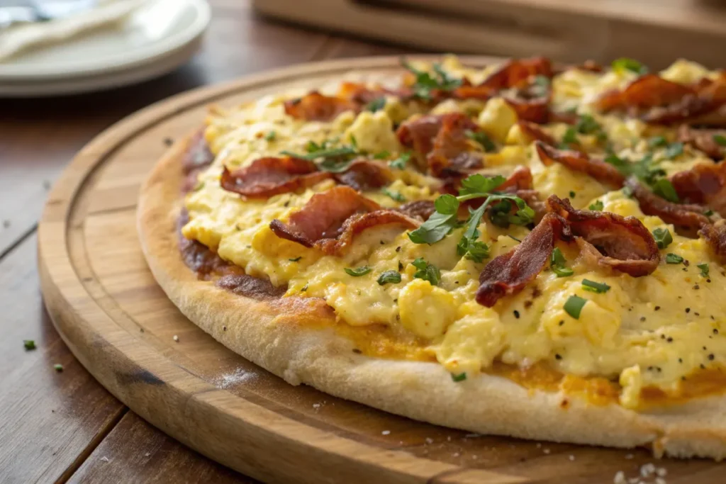 Freshly baked breakfast pizza topped with scrambled eggs, crispy bacon, melted cheese, and fresh herbs – the ultimate breakfast pizza recipe.
