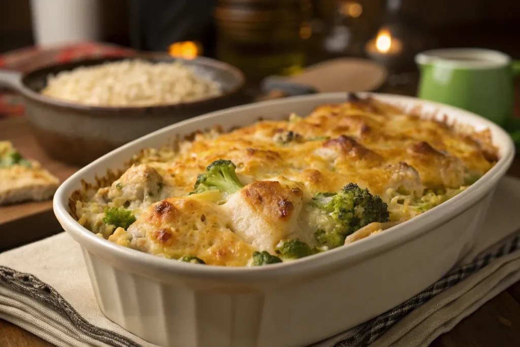 Chicken Broccoli Rice Casserole Recipe with Cheesy Topping