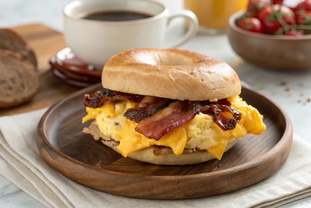 Best breakfast sandwich on a toasted bagel with eggs and bacon