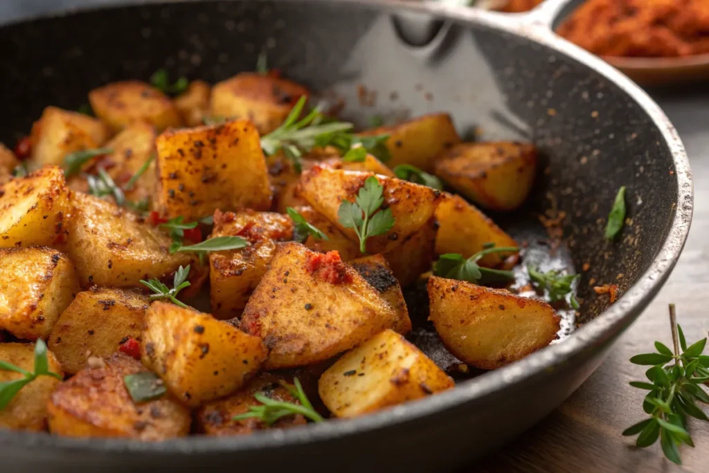 Breakfast potato recipes featuring crispy skillet potatoes garnished with fresh herbs.
