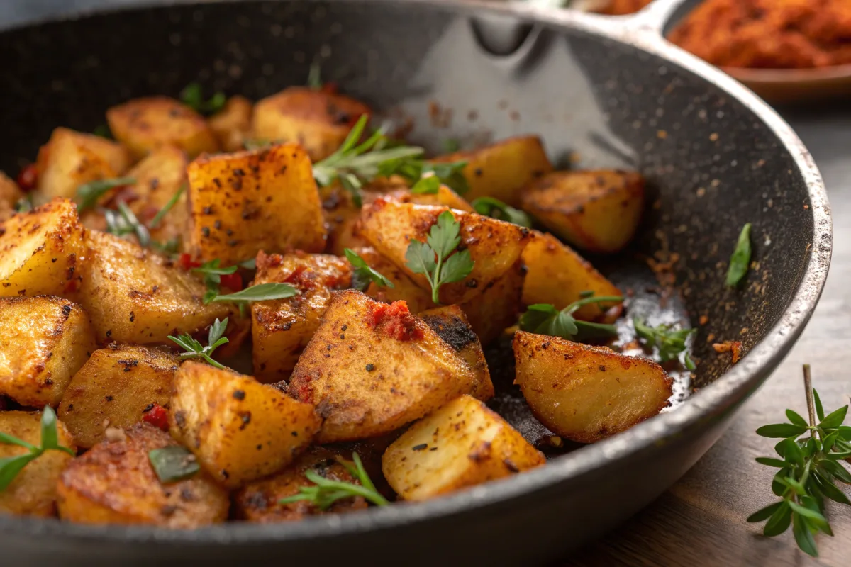Breakfast potato recipes featuring crispy skillet potatoes garnished with fresh herbs.