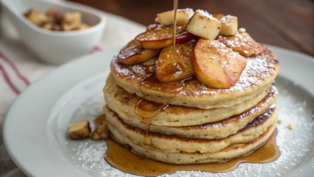 Baked apple pancakes with caramelized apple slices and maple syrup.