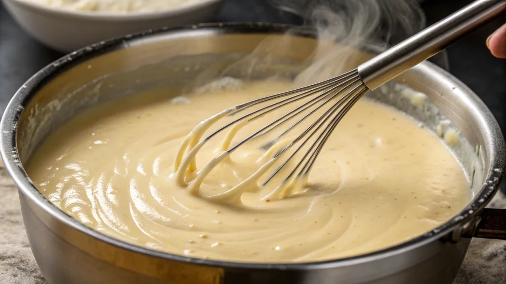 Creamy Alfredo sauce being whisked in a saucepan.