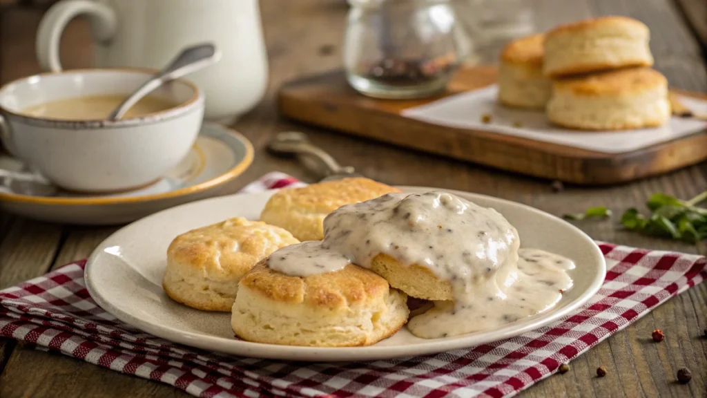 Creamy breakfast gravy served over golden biscuits on a rustic table.