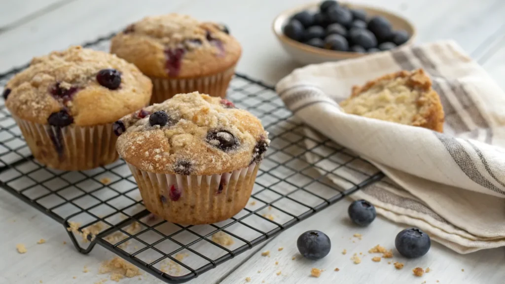Blueberry muffins with streusel topping on a cooling rack.