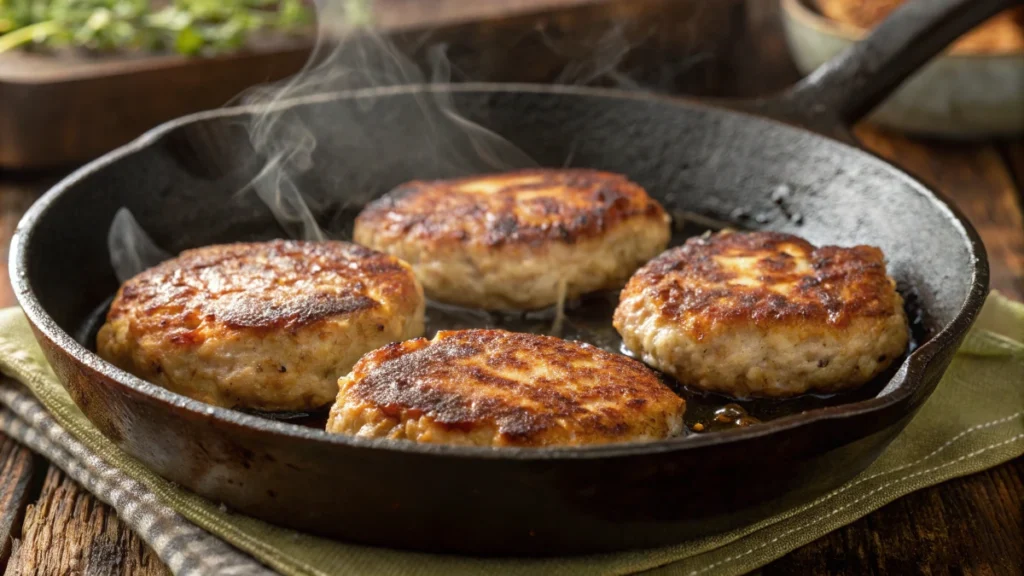Turkey Breakfast Sausage Recipe patties cooking in a skillet.