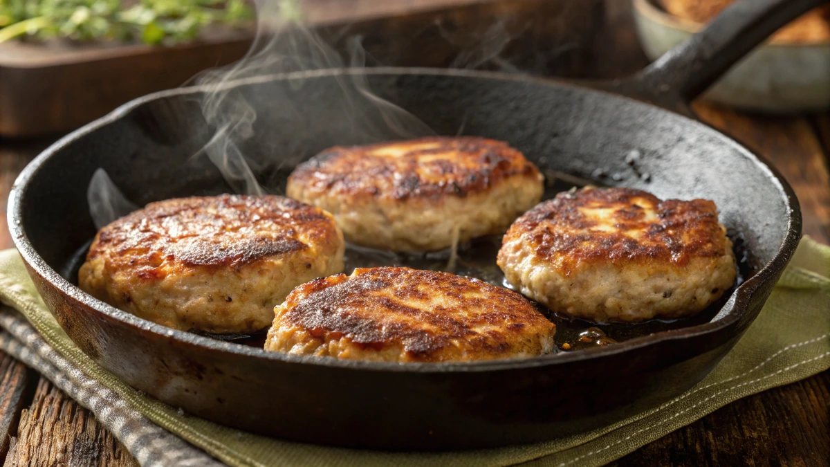 Turkey Breakfast Sausage Recipe patties cooking in a skillet.