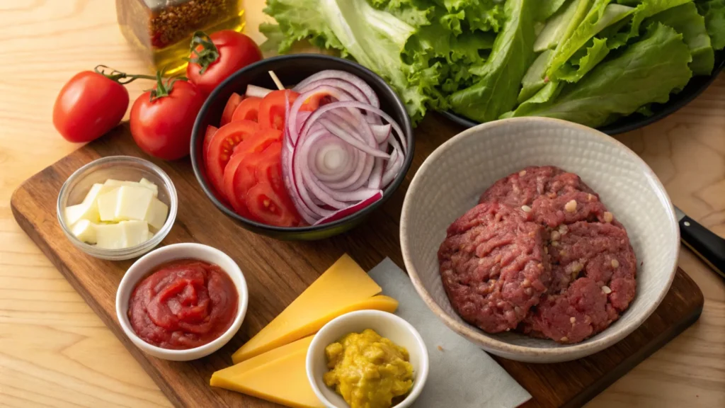 Ingredients for a healthy burger bowl recipe.