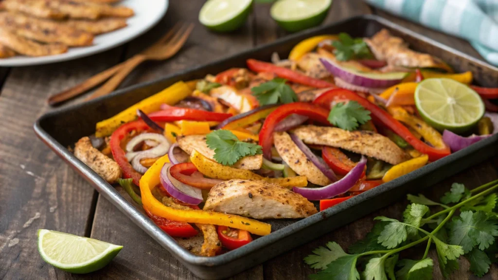 Sheet Pan Chicken Fajitas with roasted chicken, colorful bell peppers, and onions, garnished with lime wedges and cilantro.