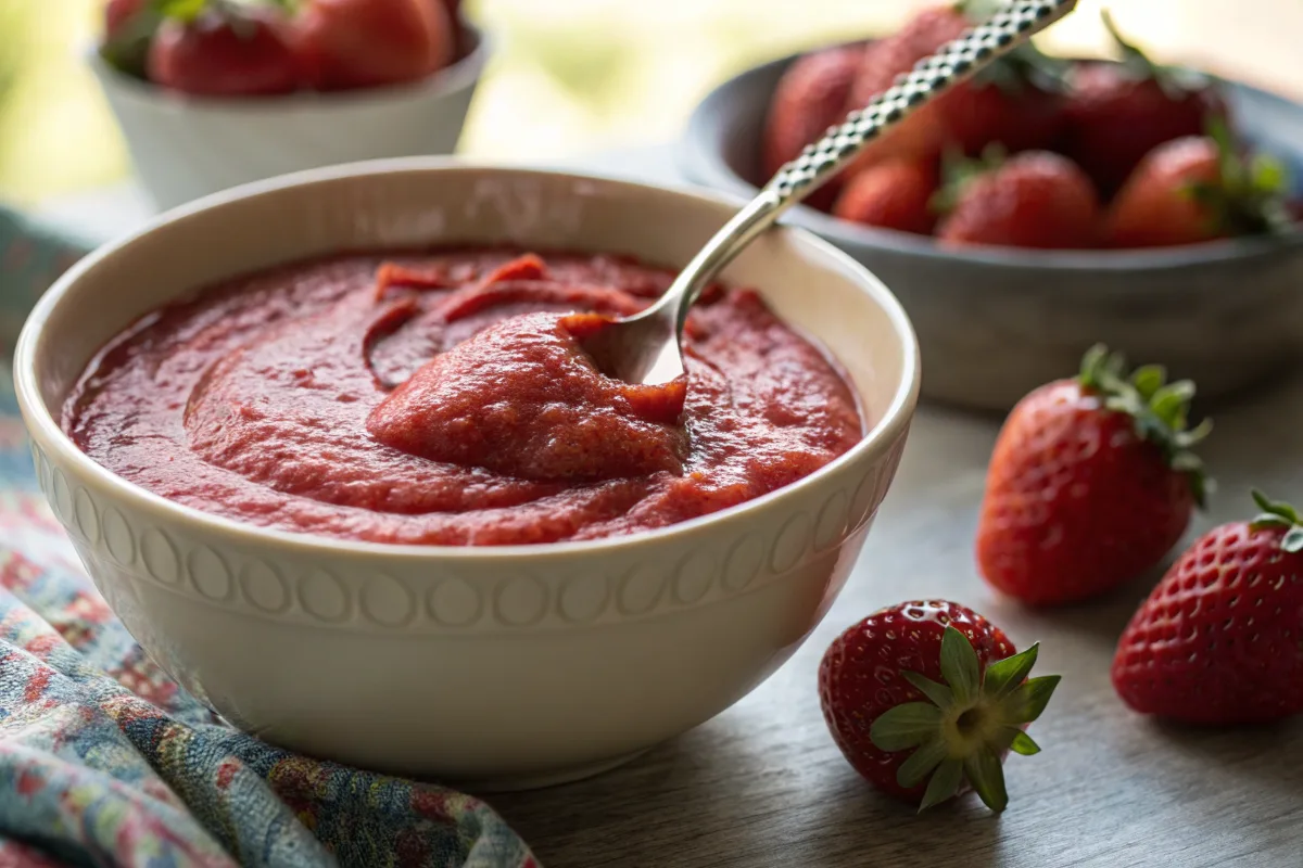 Smooth homemade strawberry puree in a glass bowl.