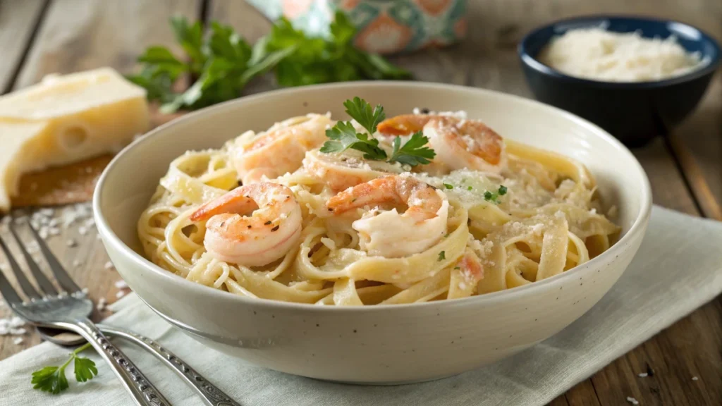 A creamy bowl of shrimp fettuccine alfredo garnished with parsley.