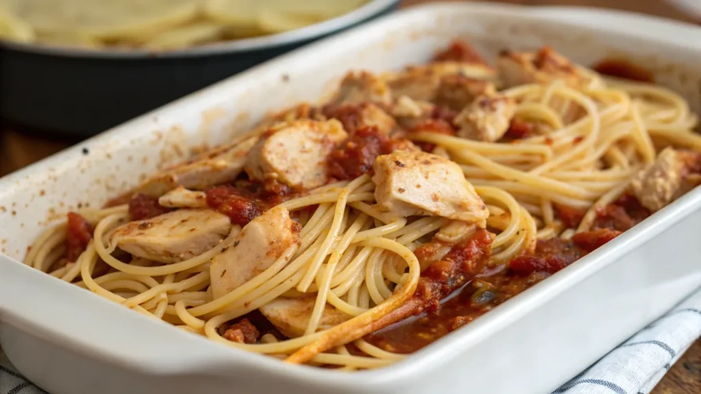 Layering pasta for Chicken Tetrazzini Recipe