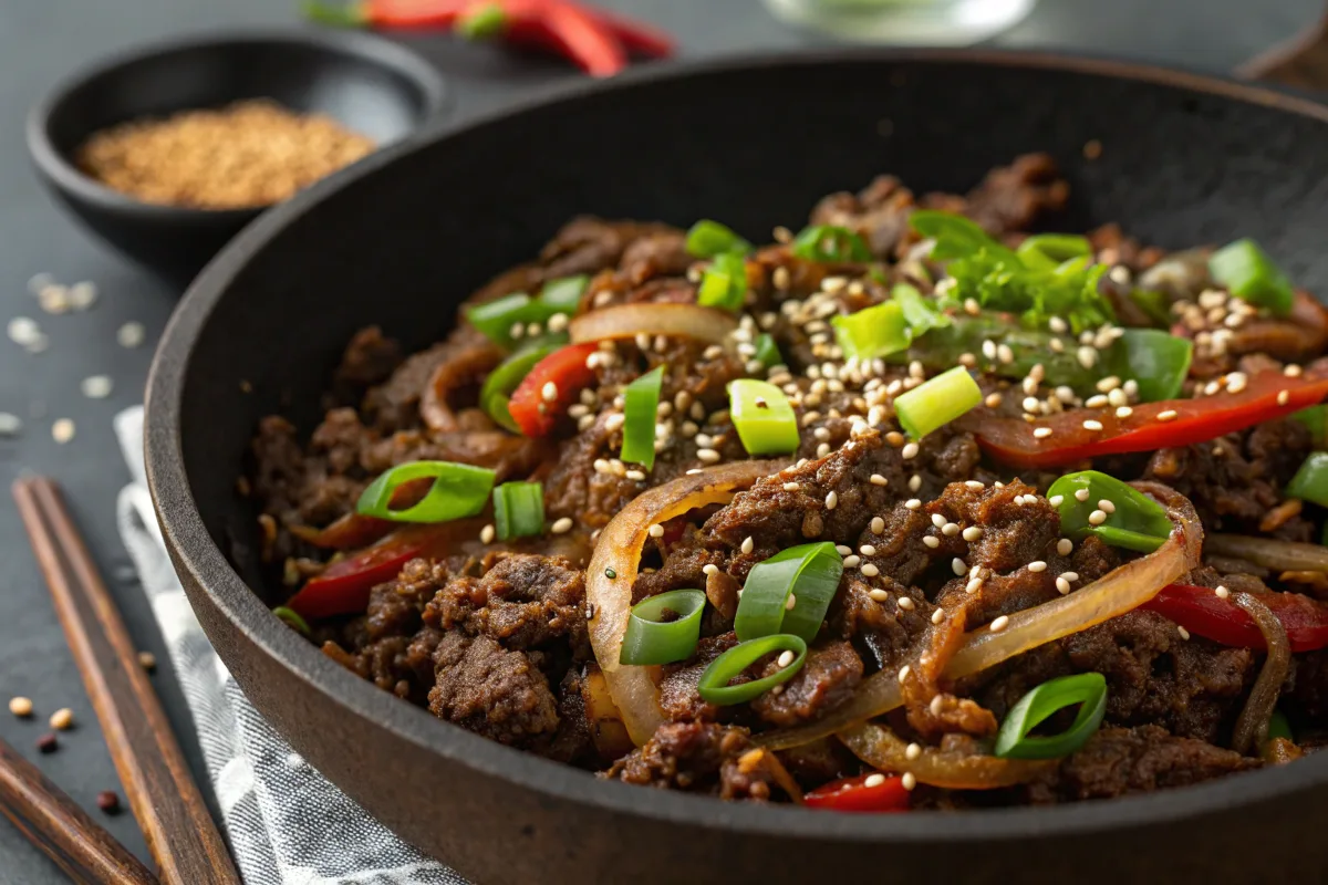 Ground beef bulgogi in a skillet