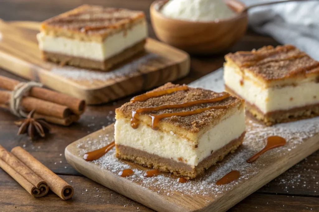 Churro Cheesecake Bars Close-up view of churro cheesecake bars with a caramel drizzle and cinnamon sugar topping