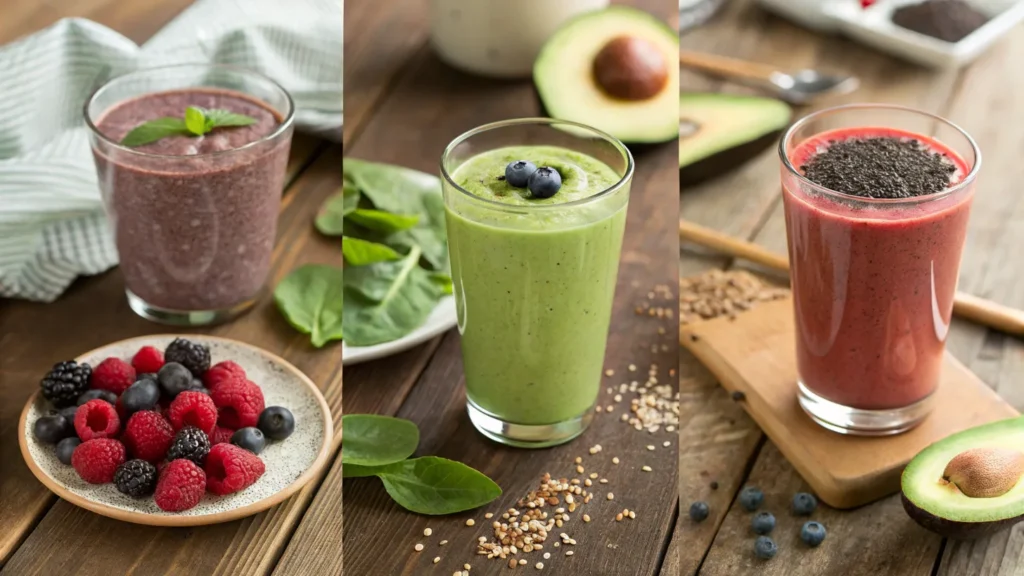 Diabetic smoothie recipes featuring green, berry, and chocolate avocado blends
