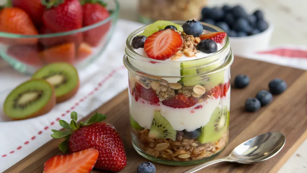 Rainbow fruit parfait for kids: breakfast without eggs.