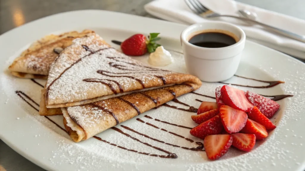Strawberry breakfast recipes – crêpes stuffed with fresh strawberries and dusted with powdered sugar.