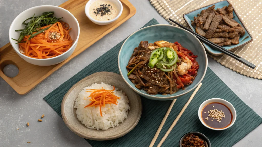 Korean side dishes with ground beef bulgogi