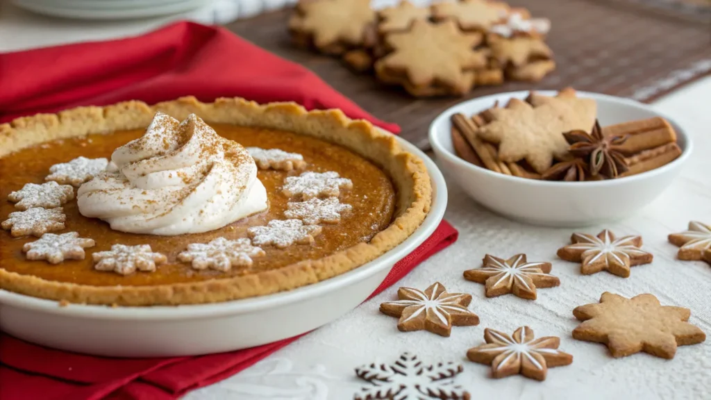 Gluten-free pumpkin pie with whipped cream and festive sugar cookies on a holiday table.