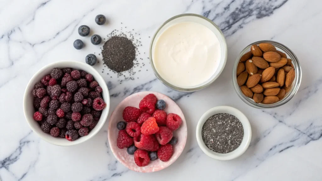 Diabetic smoothie ingredients including berries, Greek yogurt, and chia seeds
