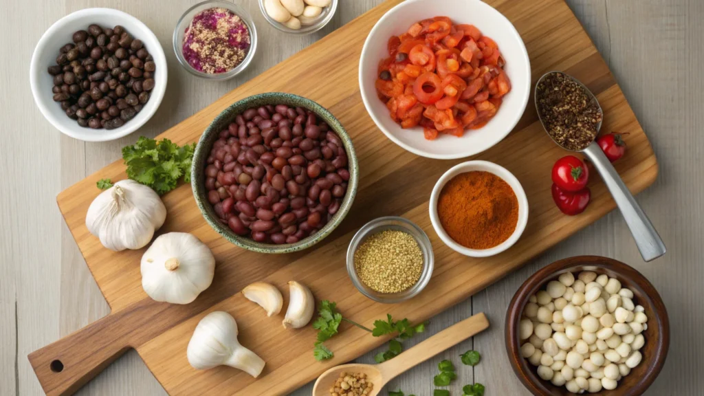 Ingredients for vegetarian chili on a wooden cutting board