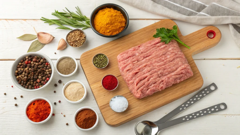 Spices and ground turkey for breakfast sausage.