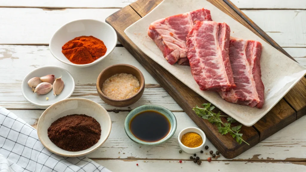 A photo of the full ingredient spread on a rustic table.