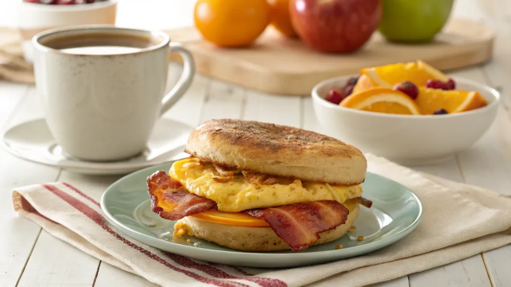 Jimmy Dean breakfast sandwich with coffee and fruit